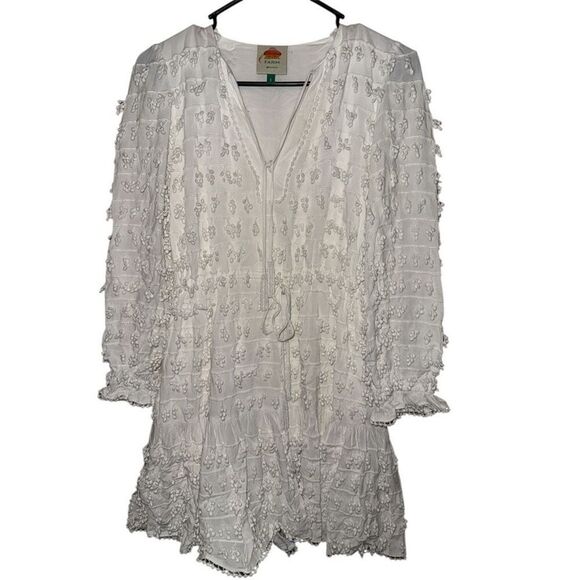 Farm Rio White Textured Mini Dress, Beaded Tassels- Size Small - Picture 3 of 14